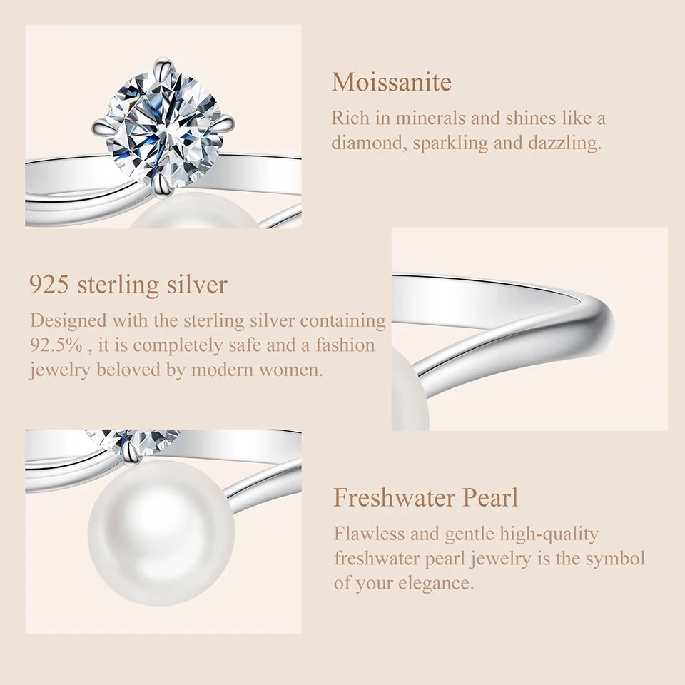 Anillo abierto BAMOER de moissanita con perla de agua dulce de 0,5 quilates para mujer, plata de ley 925, elegante regalo de aniversario natural.