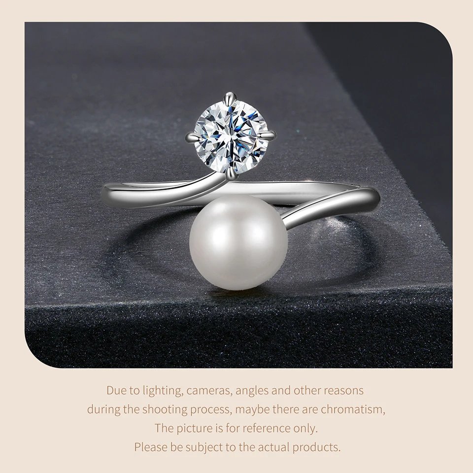 Anillo abierto BAMOER de moissanita con perla de agua dulce de 0,5 quilates para mujer, plata de ley 925, elegante regalo de aniversario natural.
