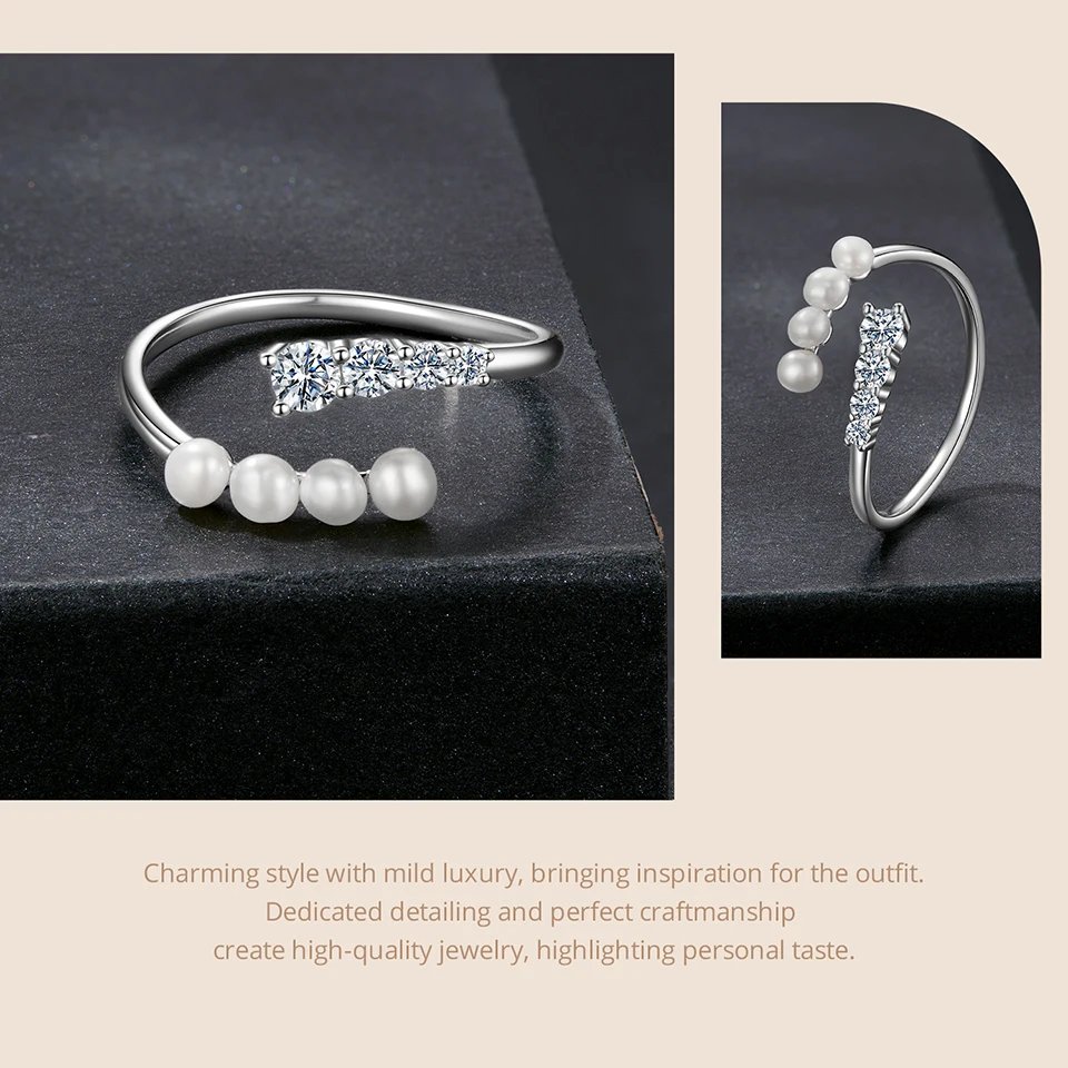Anillo BAMOER de moissanita con perla de agua dulce, 4 piedras, varios tamaños, diamante de laboratorio de corte redondo, plata de ley 925, elegante joyería para mujer Anillo BAMOER de moissanita con perla de agua dulce, 4 piedras, varios tamaños, diamante de laboratorio de corte redondo, plata de ley 925, elegante joyería para mujer