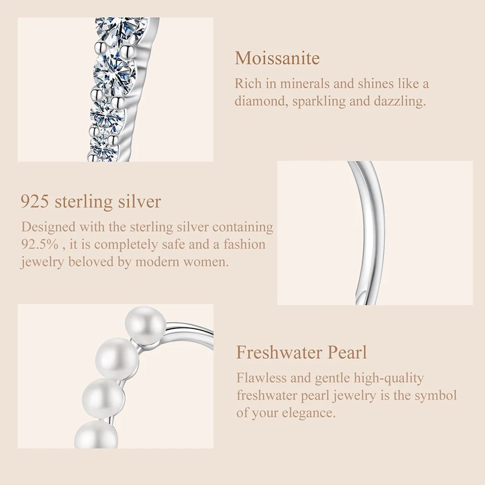 Anillo BAMOER de moissanita con perla de agua dulce, 4 piedras, varios tamaños, diamante de laboratorio de corte redondo, plata de ley 925, elegante joyería para mujer Anillo BAMOER de moissanita con perla de agua dulce, 4 piedras, varios tamaños, diamante de laboratorio de corte redondo, plata de ley 925, elegante joyería para mujer