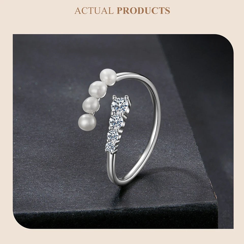 Anillo BAMOER de moissanita con perla de agua dulce, 4 piedras, varios tamaños, diamante de laboratorio de corte redondo, plata de ley 925, elegante joyería para mujer Anillo BAMOER de moissanita con perla de agua dulce, 4 piedras, varios tamaños, diamante de laboratorio de corte redondo, plata de ley 925, elegante joyería para mujer