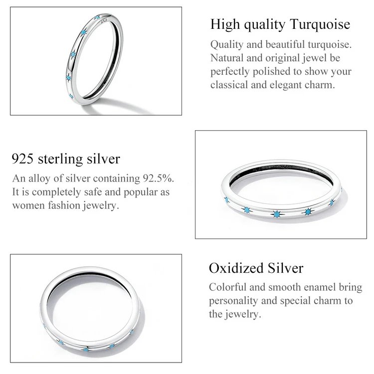 BAMOER Anillo de estrella de plata esterlina 925 auténtica para mujer, anillo turquesa, joyería de plata esterlina, regalo de la suerte y la paz