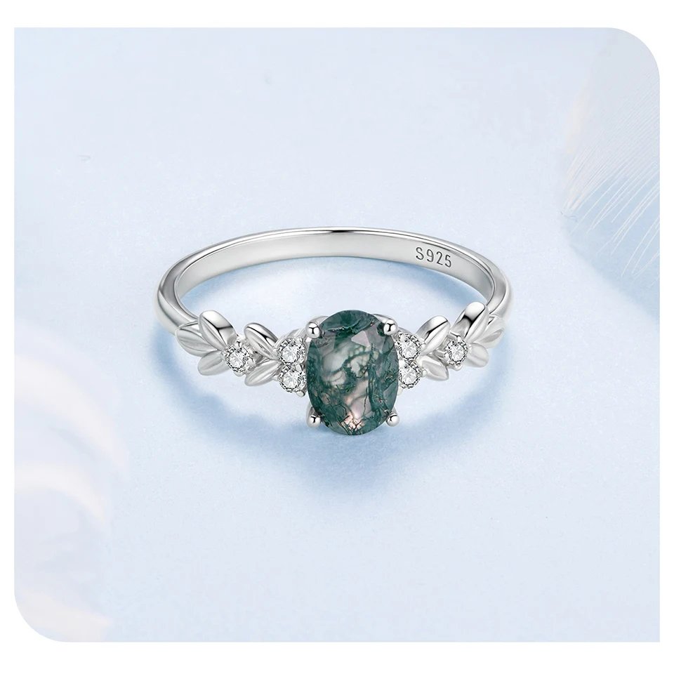 BAMOER Natural Agate Oval Statement Ring Retro Green Sea Grass Pattern Band Rings for Women 925 Sterling Silver Party Gift BAMOER Natural Agate Oval Statement Ring Retro Green Sea Grass Pattern Band Rings for Women 925 Sterling Silver Party Gift