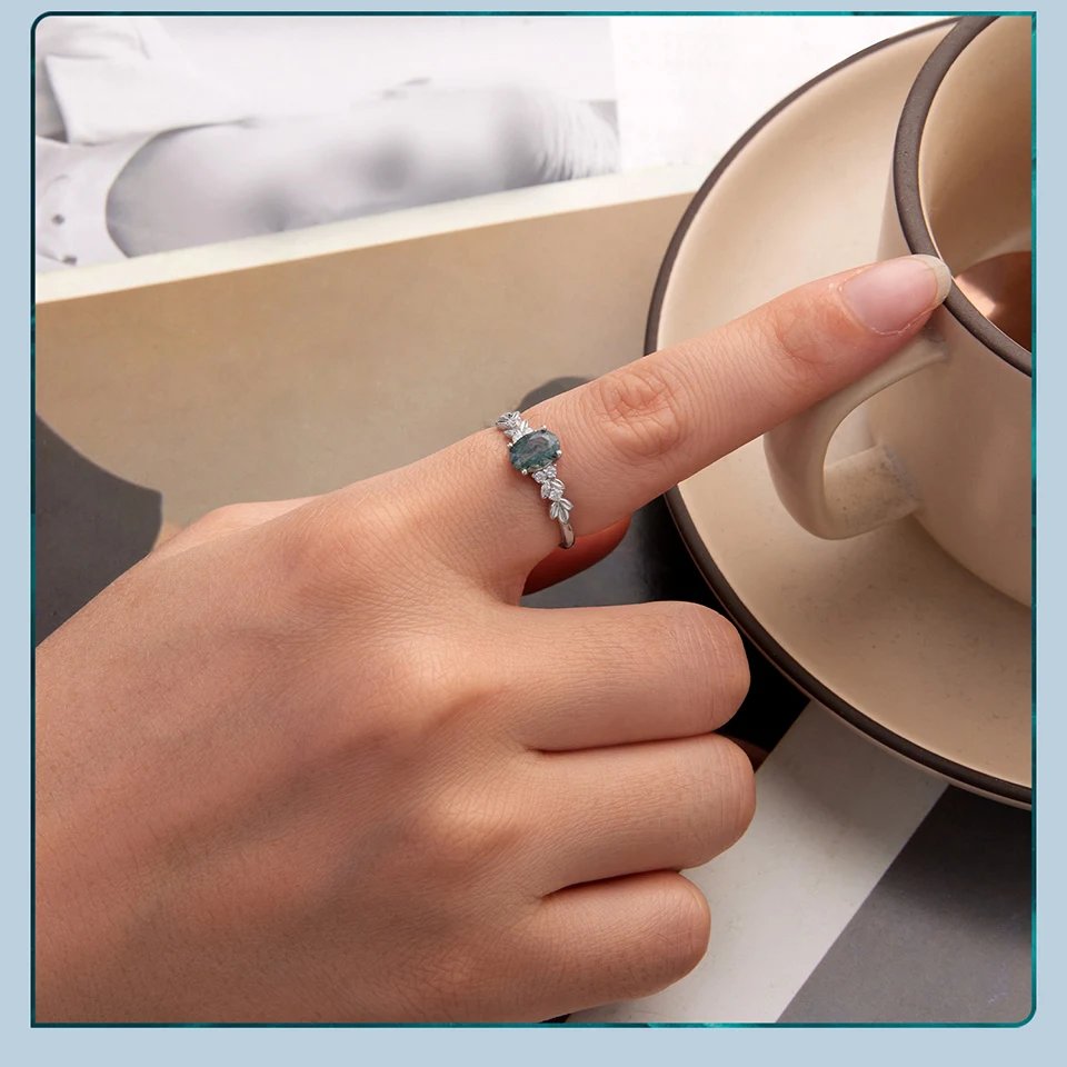 BAMOER Natural Agate Oval Statement Ring Retro Green Sea Grass Pattern Band Rings for Women 925 Sterling Silver Party Gift BAMOER Natural Agate Oval Statement Ring Retro Green Sea Grass Pattern Band Rings for Women 925 Sterling Silver Party Gift
