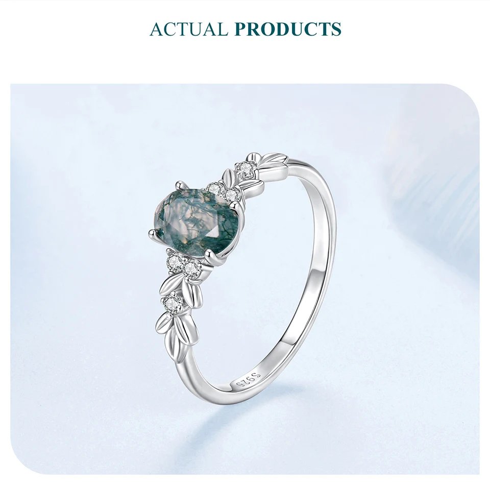 BAMOER Natural Agate Oval Statement Ring Retro Green Sea Grass Pattern Band Rings for Women 925 Sterling Silver Party Gift BAMOER Natural Agate Oval Statement Ring Retro Green Sea Grass Pattern Band Rings for Women 925 Sterling Silver Party Gift