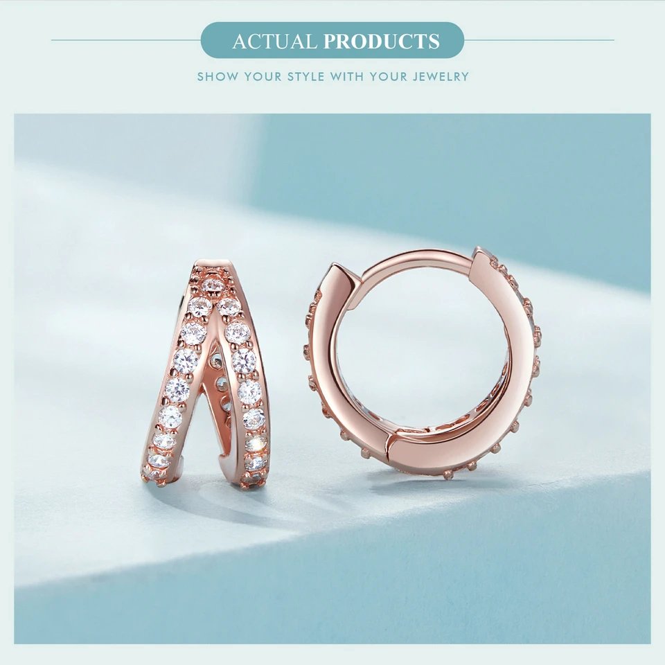 BAMOER 925 Sterling Silver Classic Geometry Earrings Women Zircon Crystal Double Rings Ear Hoop Earrings 3 Colors SCE1187