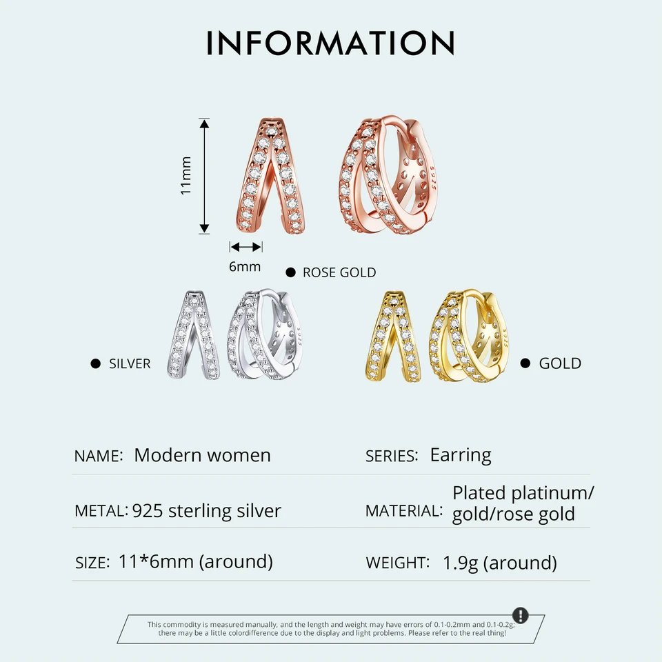 BAMOER 925 Sterling Silver Classic Geometry Earrings Women Zircon Crystal Double Rings Ear Hoop Earrings 3 Colors SCE1187