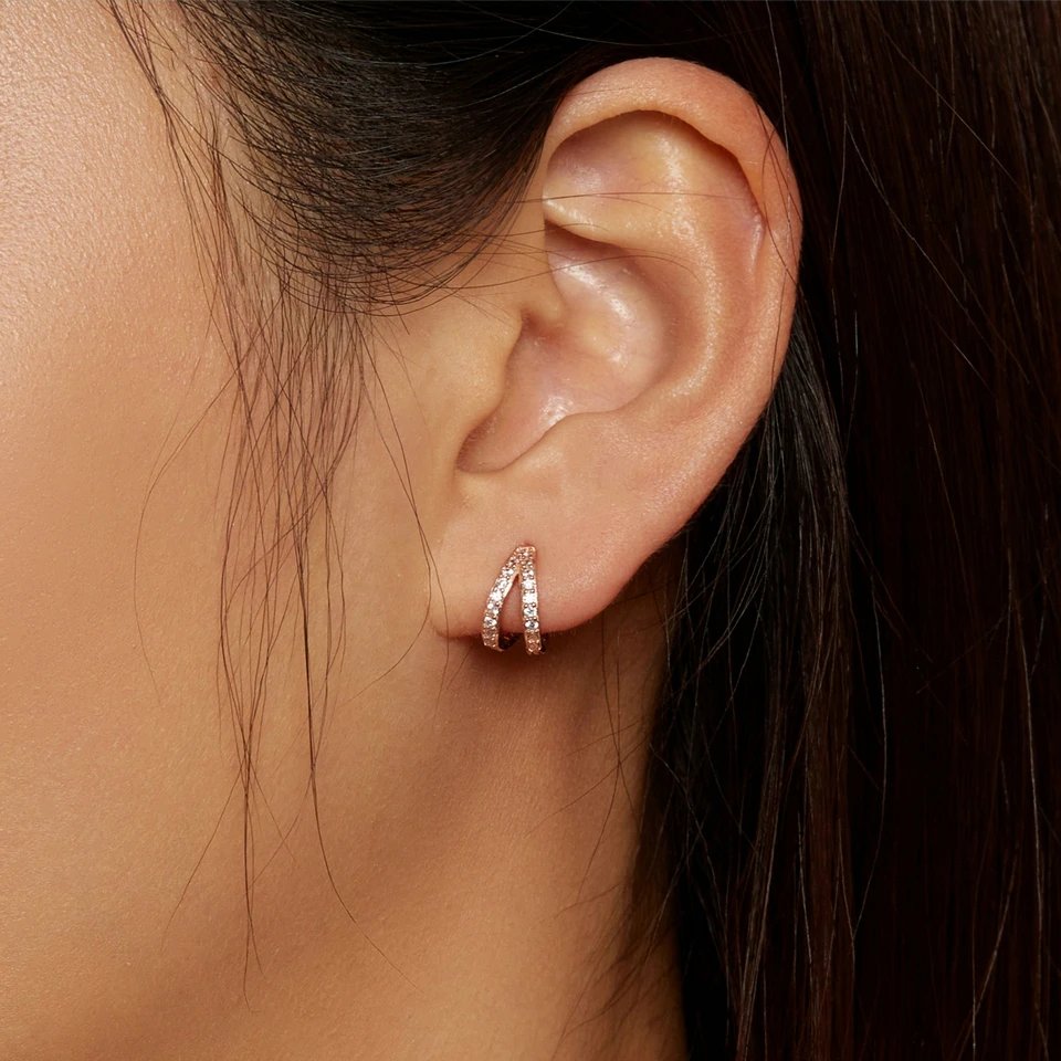 BAMOER 925 Sterling Silver Classic Geometry Earrings Women Zircon Crystal Double Rings Ear Hoop Earrings 3 Colors SCE1187