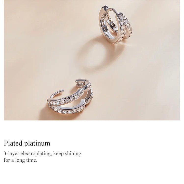 BAMOER 925 Sterling Silver Classic Geometry Earrings Women Zircon Crystal Double Rings Ear Hoop Earrings 3 Colors SCE1187