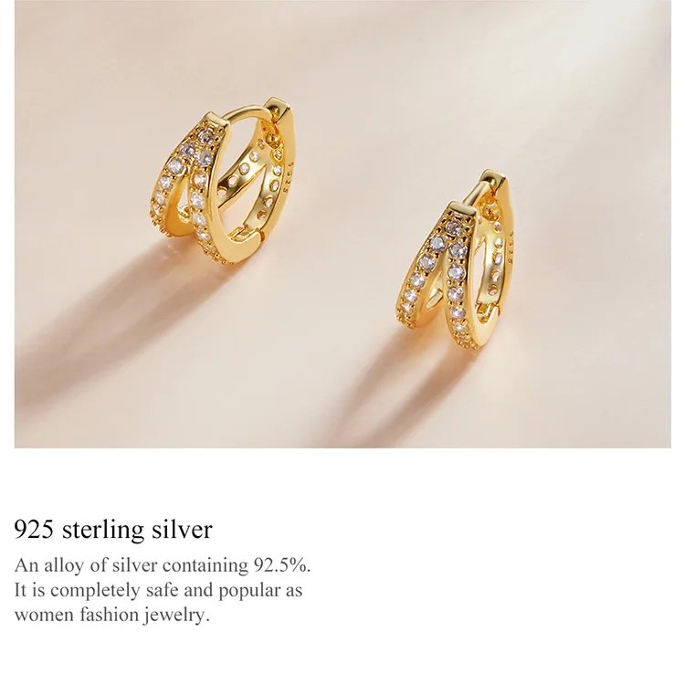 BAMOER 925 Sterling Silver Classic Geometry Earrings Women Zircon Crystal Double Rings Ear Hoop Earrings 3 Colors SCE1187