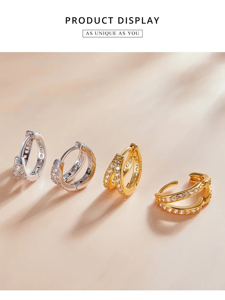 BAMOER 925 Sterling Silver Classic Geometry Earrings Women Zircon Crystal Double Rings Ear Hoop Earrings 3 Colors SCE1187