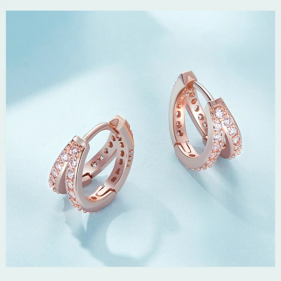 BAMOER 925 Sterling Silver Classic Geometry Earrings Women Zircon Crystal Double Rings Ear Hoop Earrings 3 Colors SCE1187
