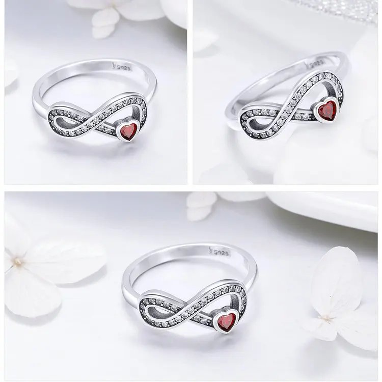 BAMOER Anillo de plata de ley 925 100% con circonita cúbica transparente y corazón de amor infinito para mujer, joyería de compromiso y boda SCR415 BAMOER Anillo de plata de ley 925 100% con circonita cúbica transparente y corazón de amor infinito para mujer, joyería de compromiso y boda SCR415