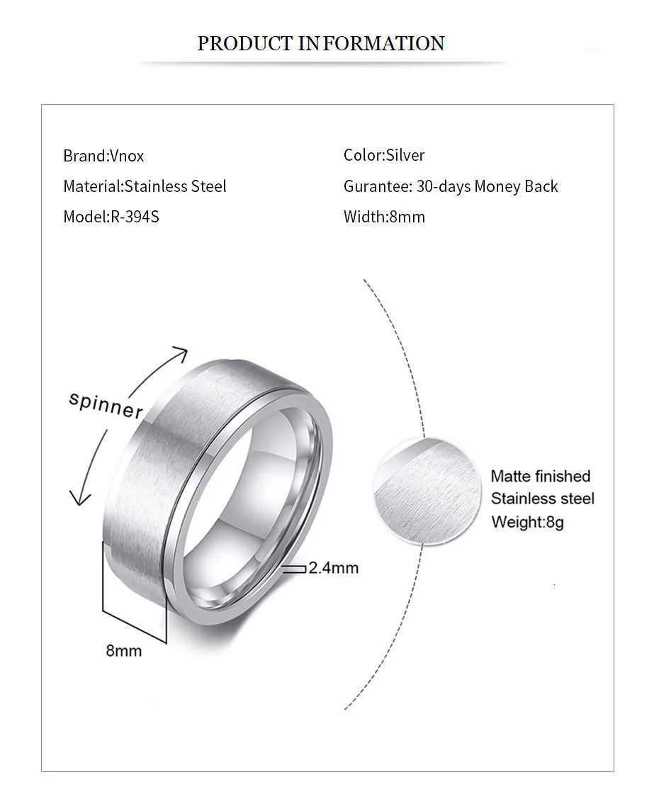 Anillo giratorio Vnox de 6/8 mm para hombre, accesorio para liberar el estrés, clásico anillo de boda de acero inoxidable, joyería deportiva informal con runas vikingas.