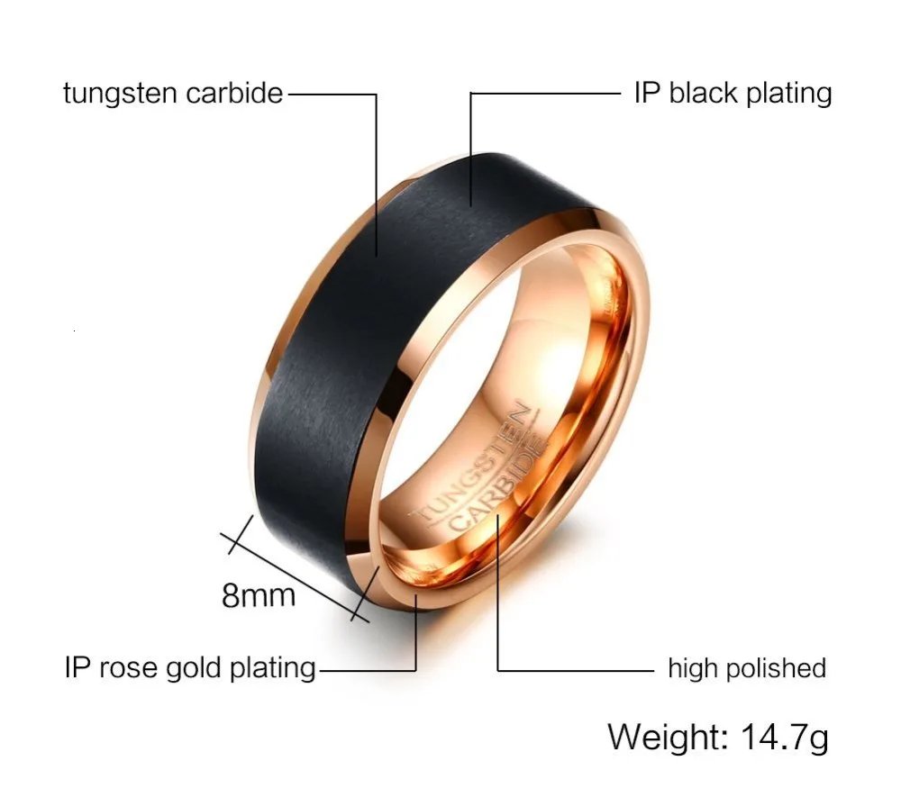 Anillo de carburo de tungsteno básico Vnox para hombre, clásico, de 8 mm, para boda, color oro rosa