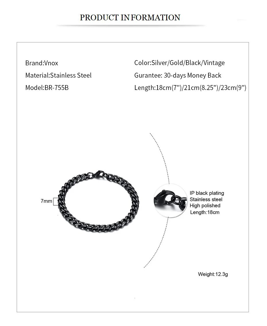 Pulsera Vnox de cadena gruesa Miami de 3-11 mm para hombre, de acero inoxidable, con eslabones cubanos, estilo punk clásico, joyería masculina.