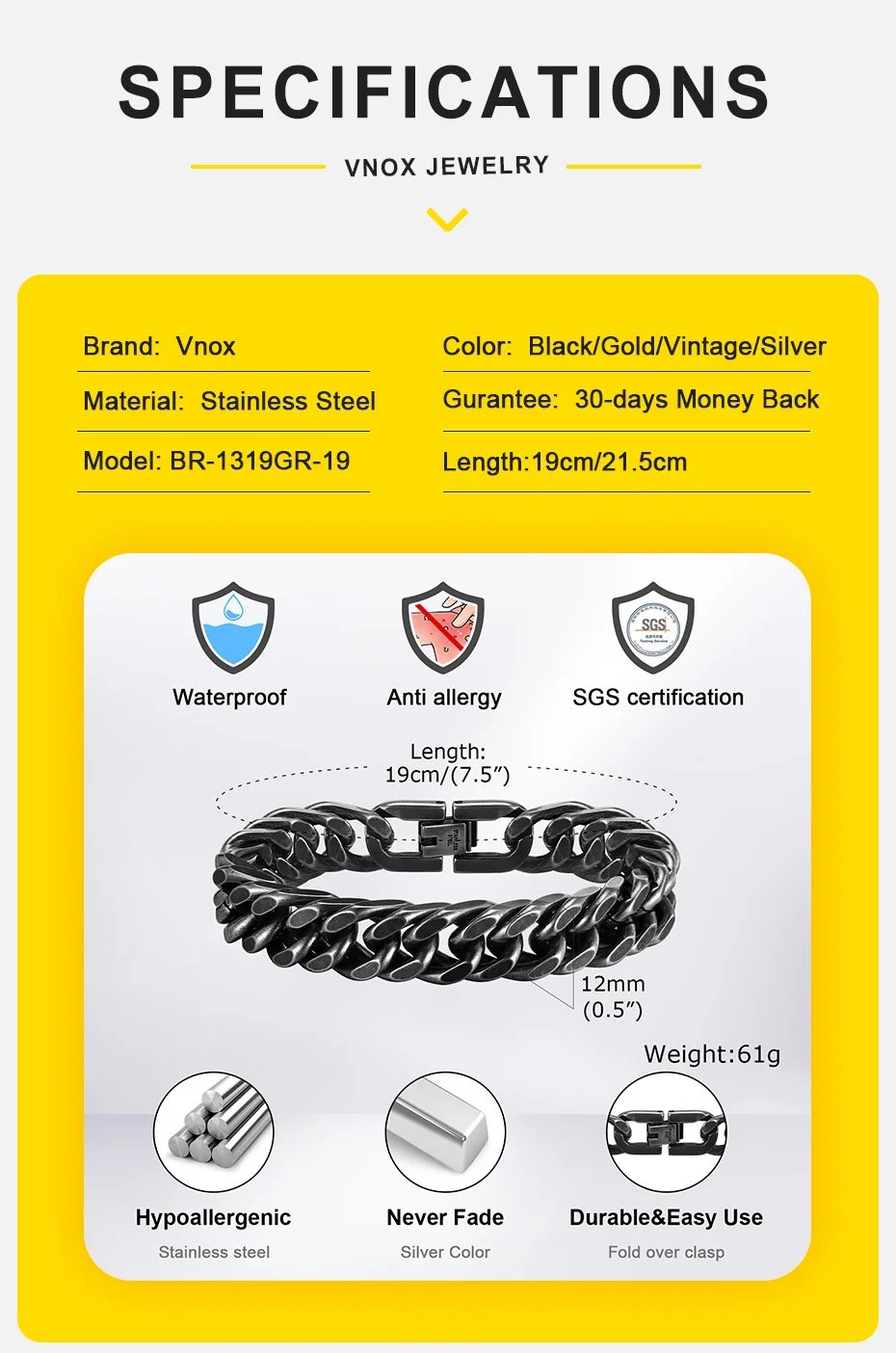 Vnox 8mm/12mm Bold Heavy Stainless Steel Cuban Bracelets for Men Boys,Oxidized Metal Wristband,Punk Rock Chain Bracelet Jewelry Vnox 8mm/12mm Bold Heavy Stainless Steel Cuban Bracelets for Men Boys,Oxidized Metal Wristband,Punk Rock Chain Bracelet Jewelry
