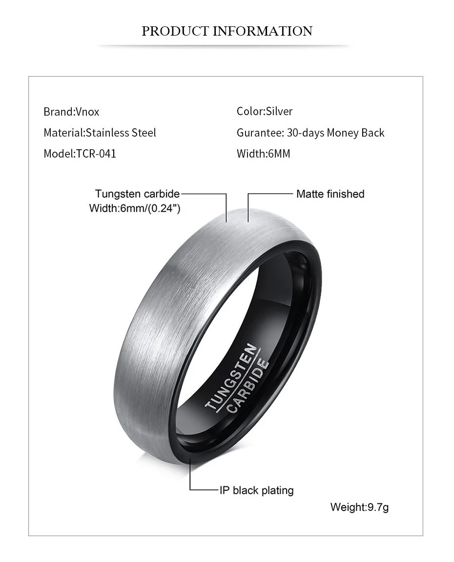 Anillo de boda Vnox Basic de carburo de tungsteno para hombre, de 6 mm, con acabado mate, minimalista, talla EE. UU. Anillo de boda Vnox Basic de carburo de tungsteno para hombre, de 6 mm, con acabado mate, minimalista, talla EE. UU.