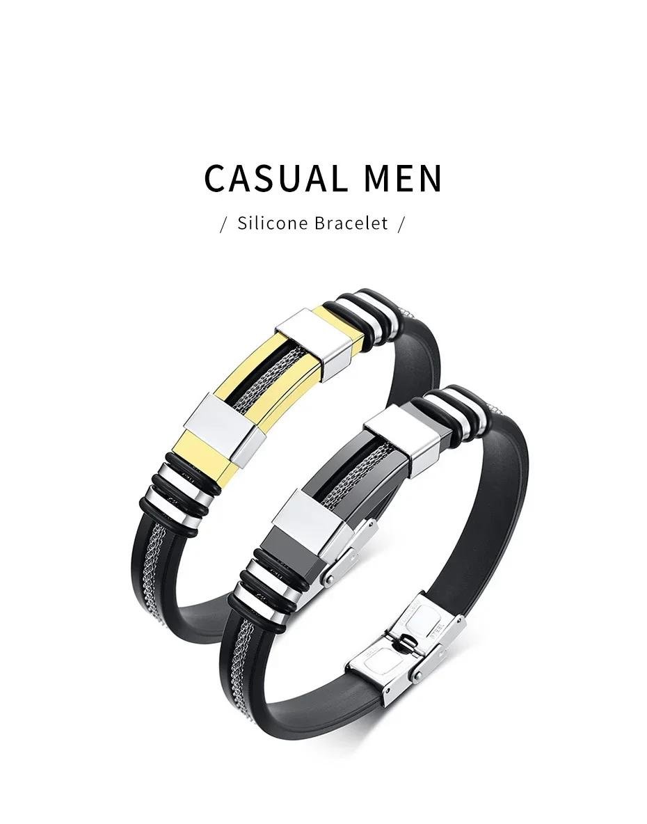 Vnox Stainless Steel Bracelet Men Wrist Band Black Grooved Rudder Silicone Mesh Link Insert Punk Wristband Stylish Casual Bangle