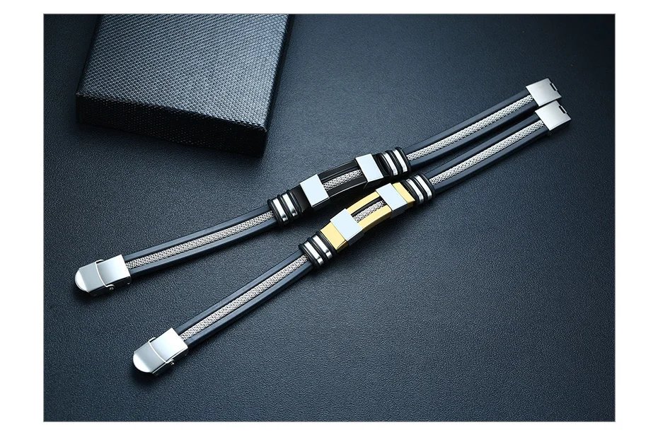 Vnox Stainless Steel Bracelet Men Wrist Band Black Grooved Rudder Silicone Mesh Link Insert Punk Wristband Stylish Casual Bangle