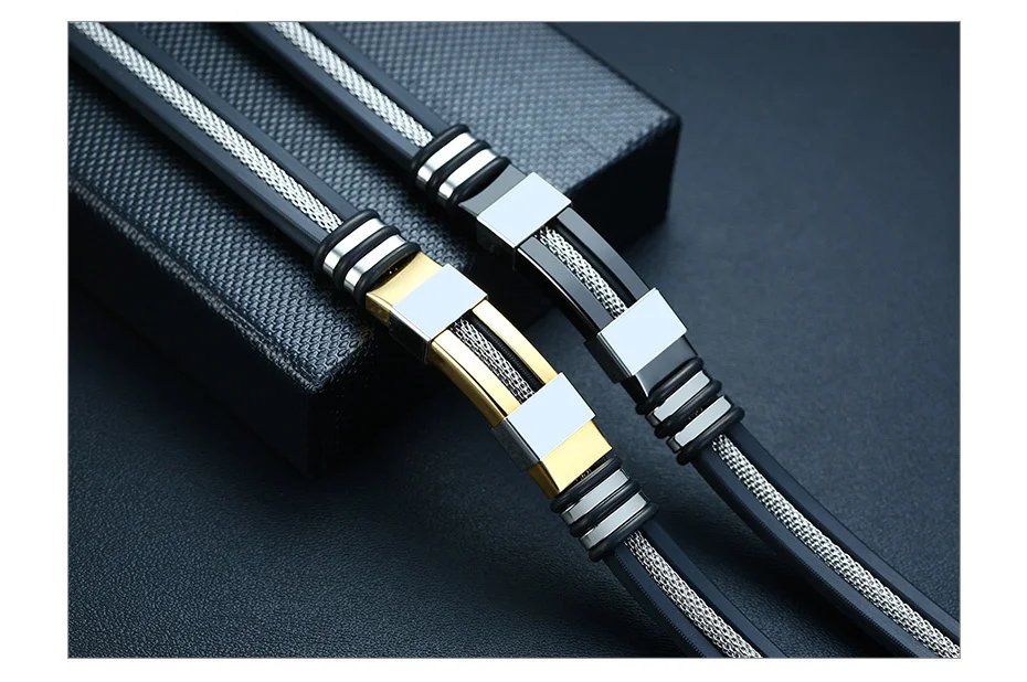 Vnox Stainless Steel Bracelet Men Wrist Band Black Grooved Rudder Silicone Mesh Link Insert Punk Wristband Stylish Casual Bangle